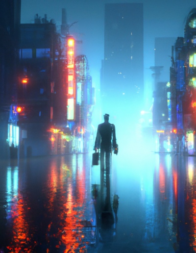 a business man walking the neon lit streets and alleys of a futuristic tokyo covered in a dense fog